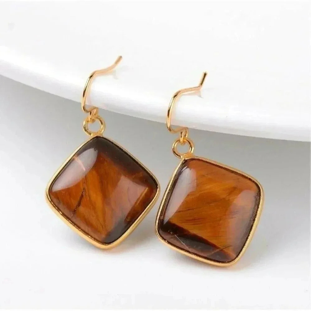 Puffed Diamond Shape Tiger Eye Gemstone Pendant Gold Plated Trim Earrings